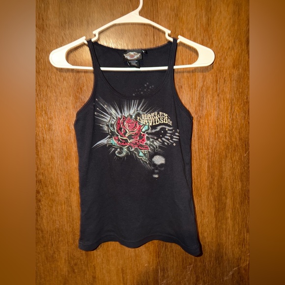 Harley-Davidson Tops - Vintage Harley Davidson Graphic Rose Bedazzled Tank Top